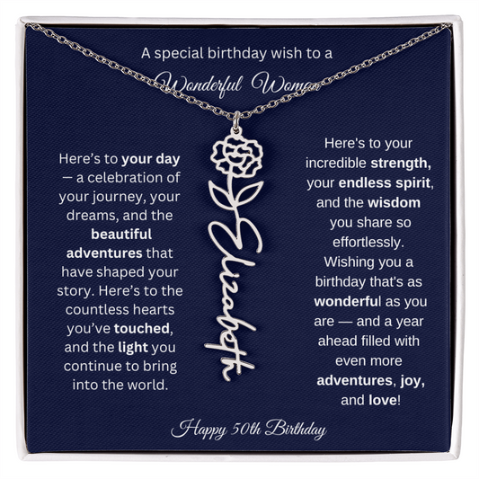 Happy 50th Birthday - Personalized Birth Flower Name Necklace with Message Card