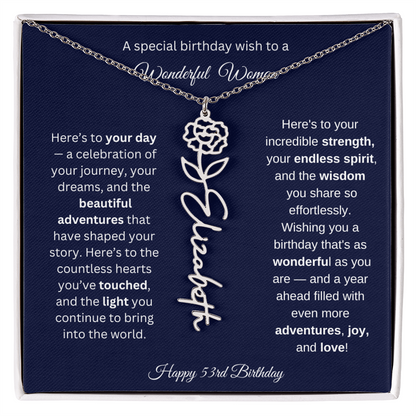 Happy 53rd Birthday - Personalized Birth Flower Name Necklace with Message Card