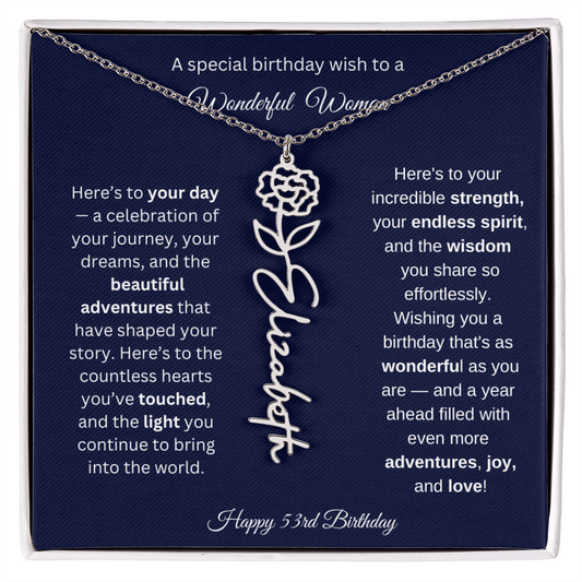Happy 53rd Birthday - Personalized Birth Flower Name Necklace with Message Card