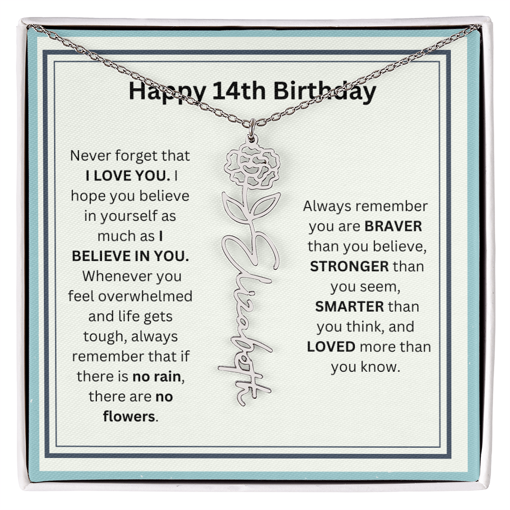 Personalized 14th Birthday Flower Name Necklace Gift