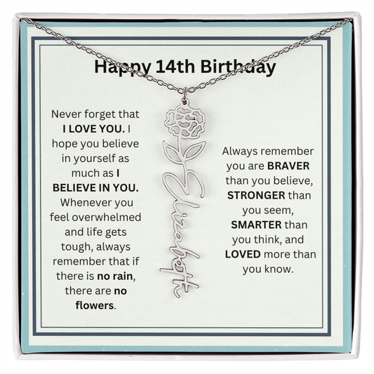 Personalized 14th Birthday Flower Name Necklace Gift