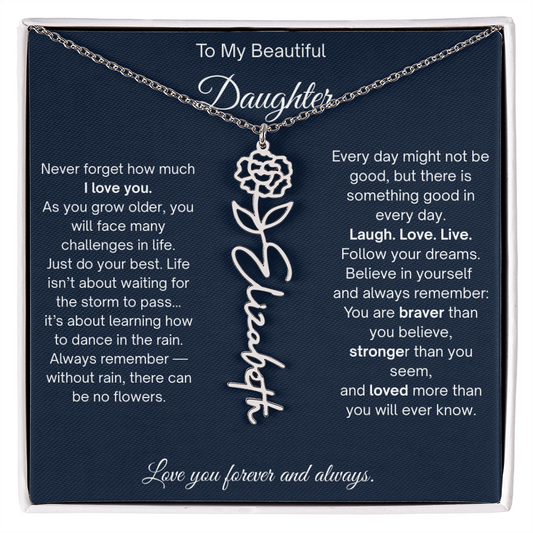 To My Beautiful Daughter | Laugh, Love, Live | Birth Flower Name Necklace