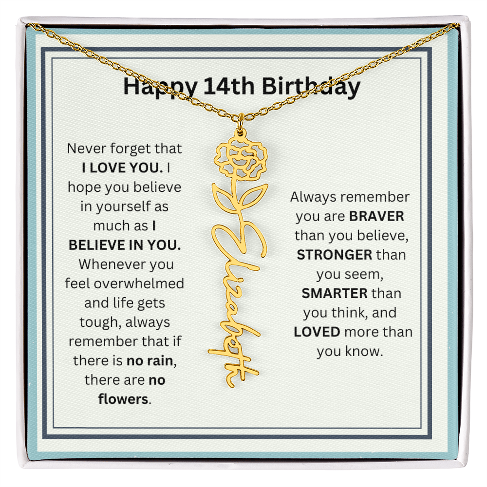 Personalized 14th Birthday Flower Name Necklace Gift