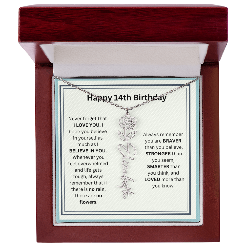 Personalized 14th Birthday Flower Name Necklace Gift