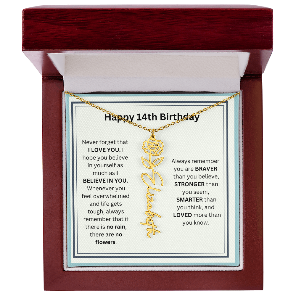Personalized 14th Birthday Flower Name Necklace Gift