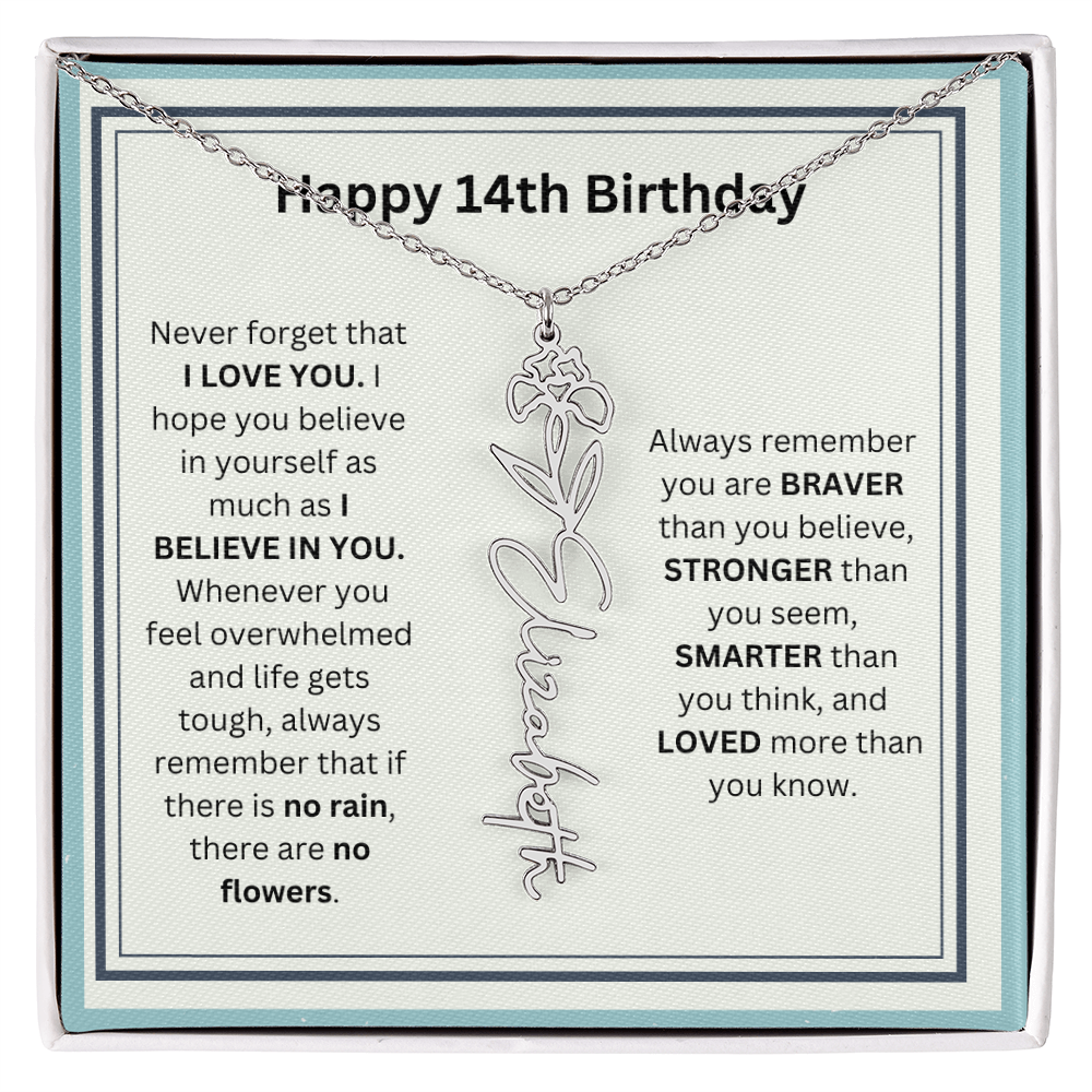 Personalized 14th Birthday Flower Name Necklace Gift