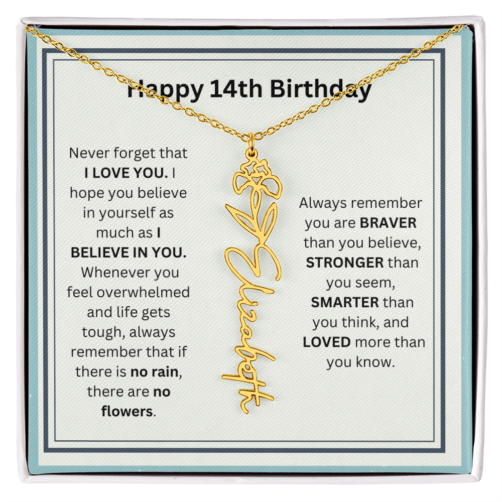 Personalized 14th Birthday Flower Name Necklace Gift