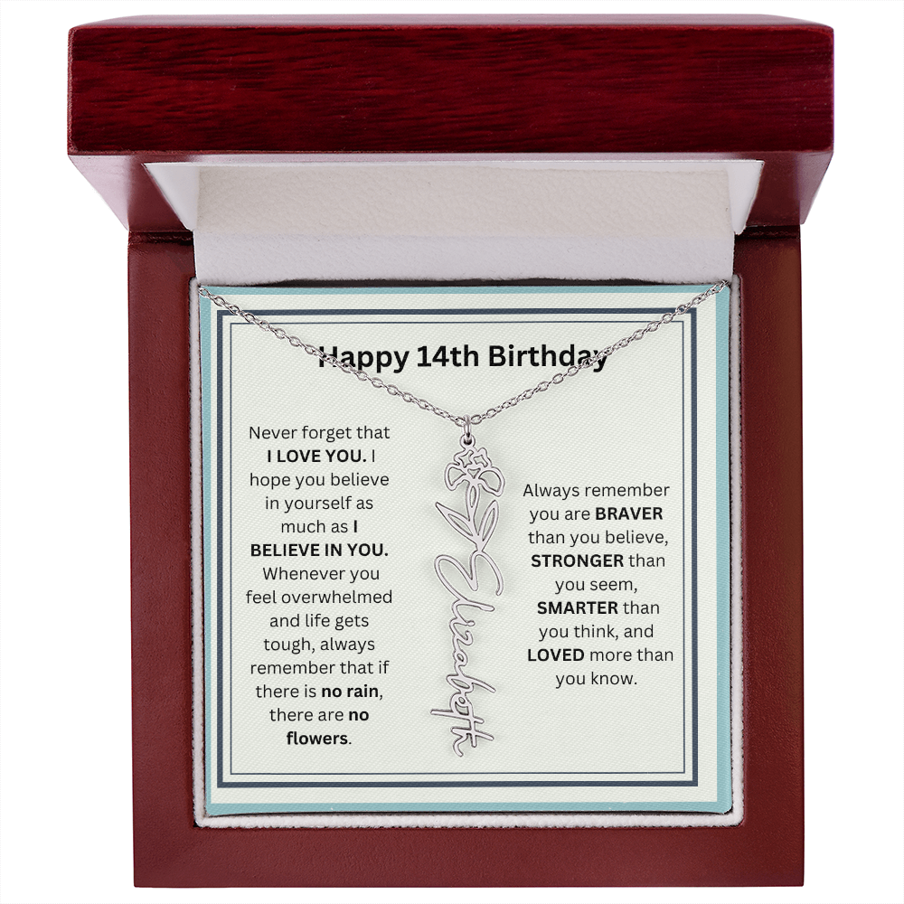 Personalized 14th Birthday Flower Name Necklace Gift