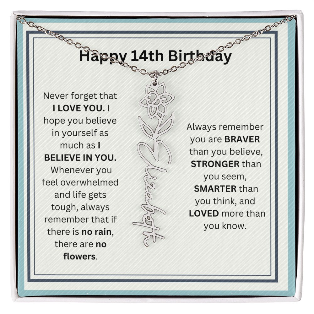 Personalized 14th Birthday Flower Name Necklace Gift
