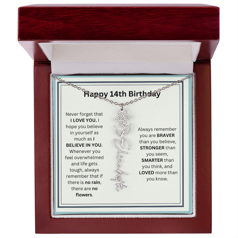 Personalized 14th Birthday Flower Name Necklace Gift