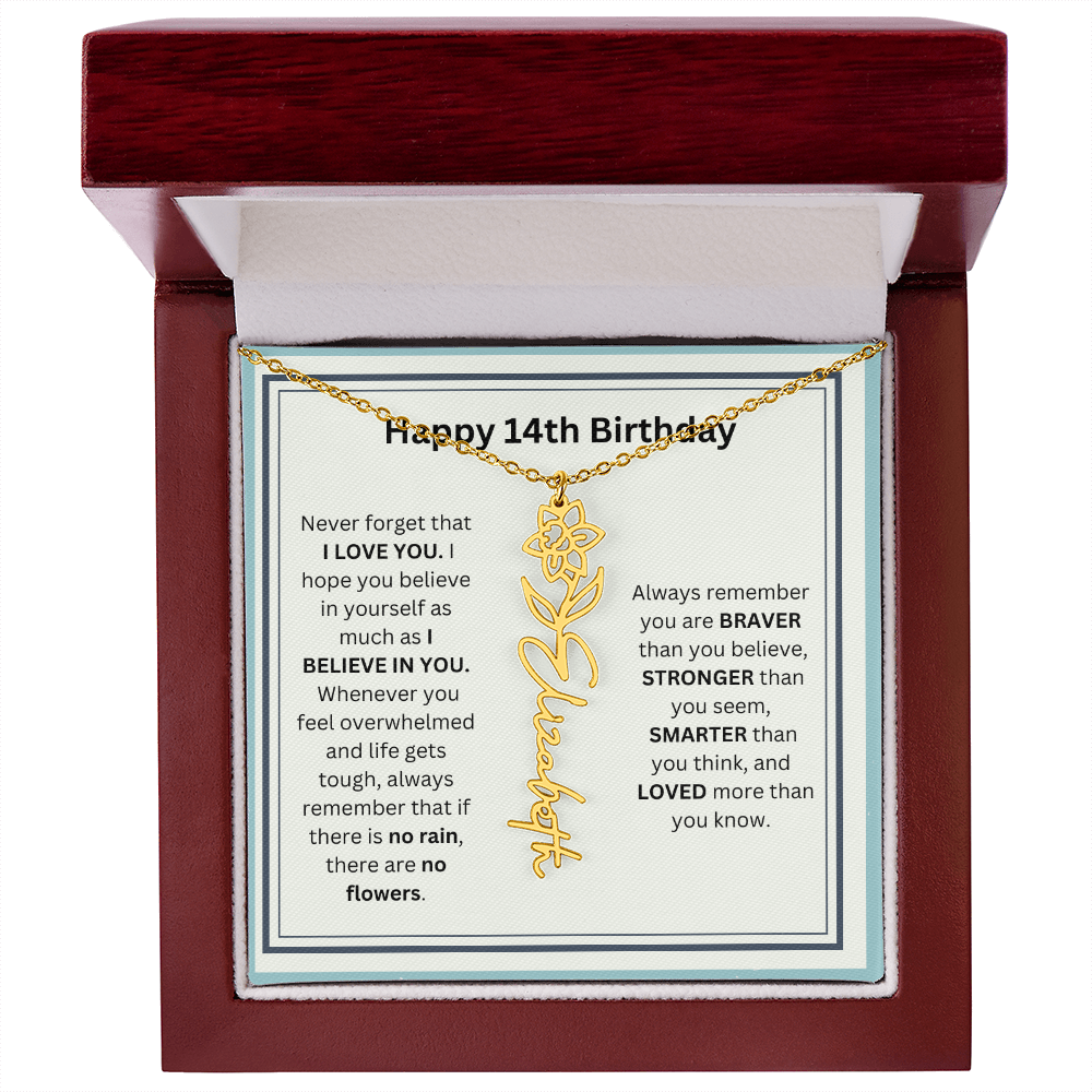Personalized 14th Birthday Flower Name Necklace Gift