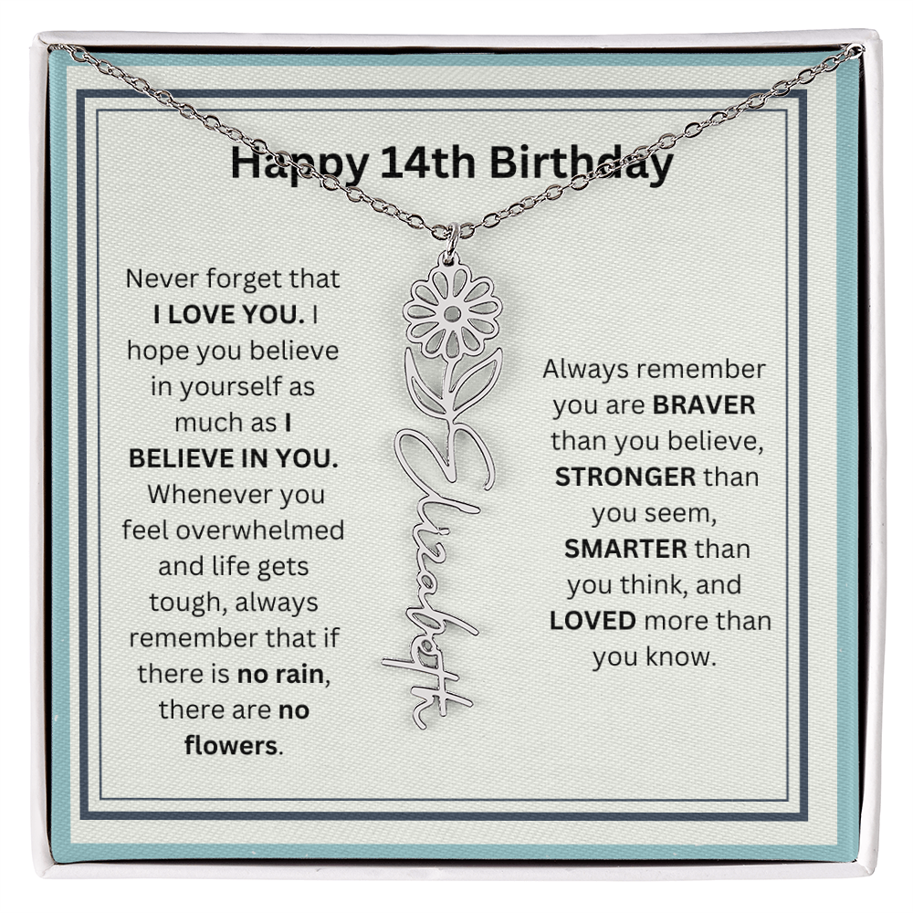 Personalized 14th Birthday Flower Name Necklace Gift