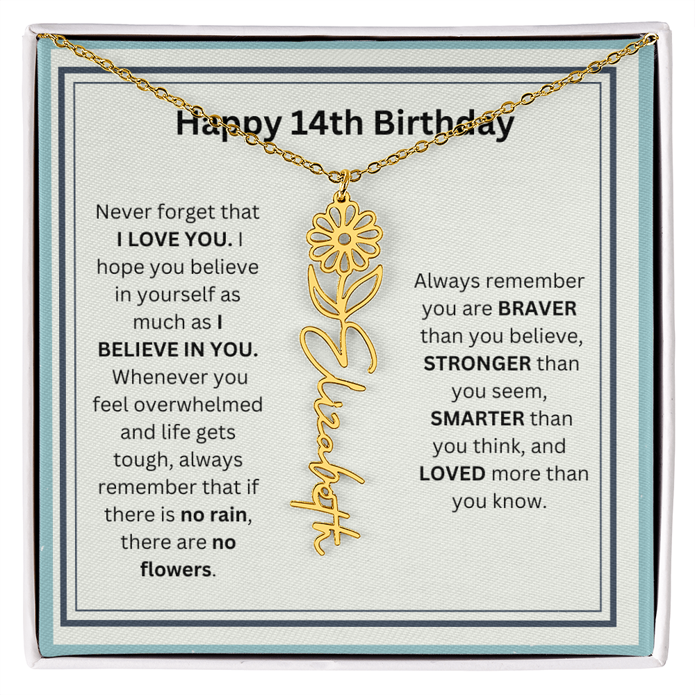 Personalized 14th Birthday Flower Name Necklace Gift