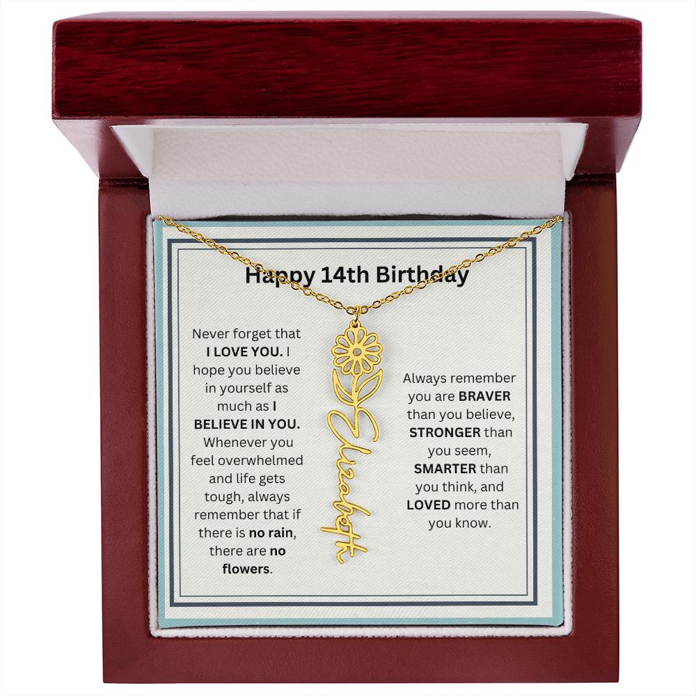 Personalized 14th Birthday Flower Name Necklace Gift