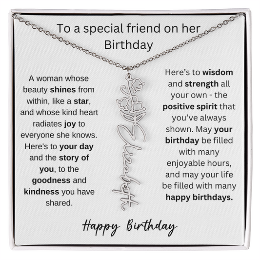 To A Special Friend On Her Birthday | Birth Flower Name Necklace