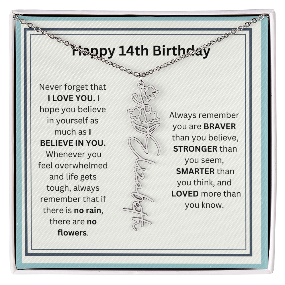 Personalized 14th Birthday Flower Name Necklace Gift