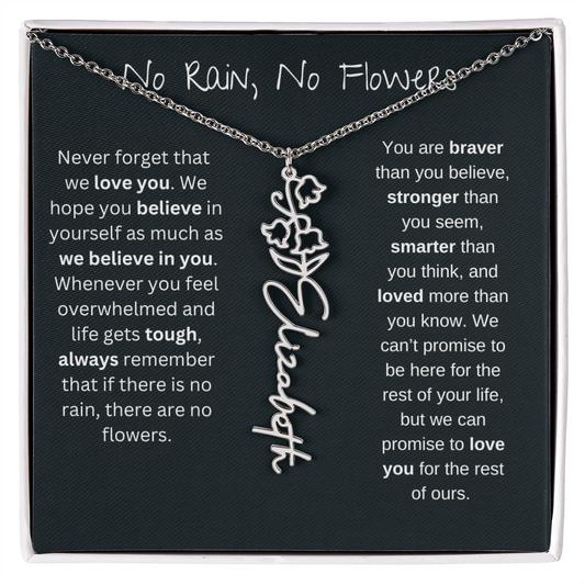 No Rain No Flowers - We Love You - Birth Flower Name Necklace