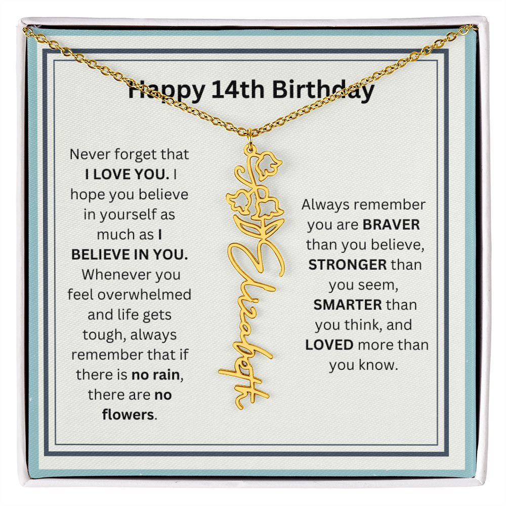 Personalized 14th Birthday Flower Name Necklace Gift