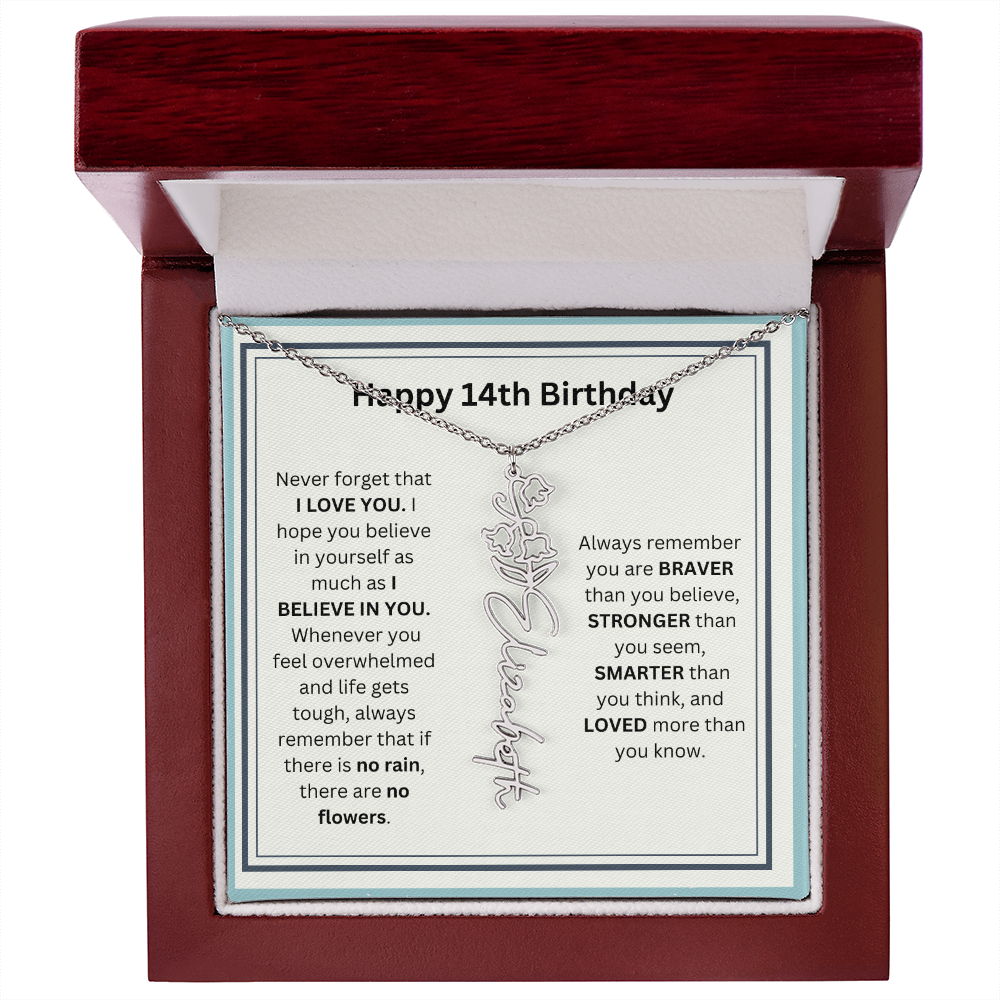 Personalized 14th Birthday Flower Name Necklace Gift