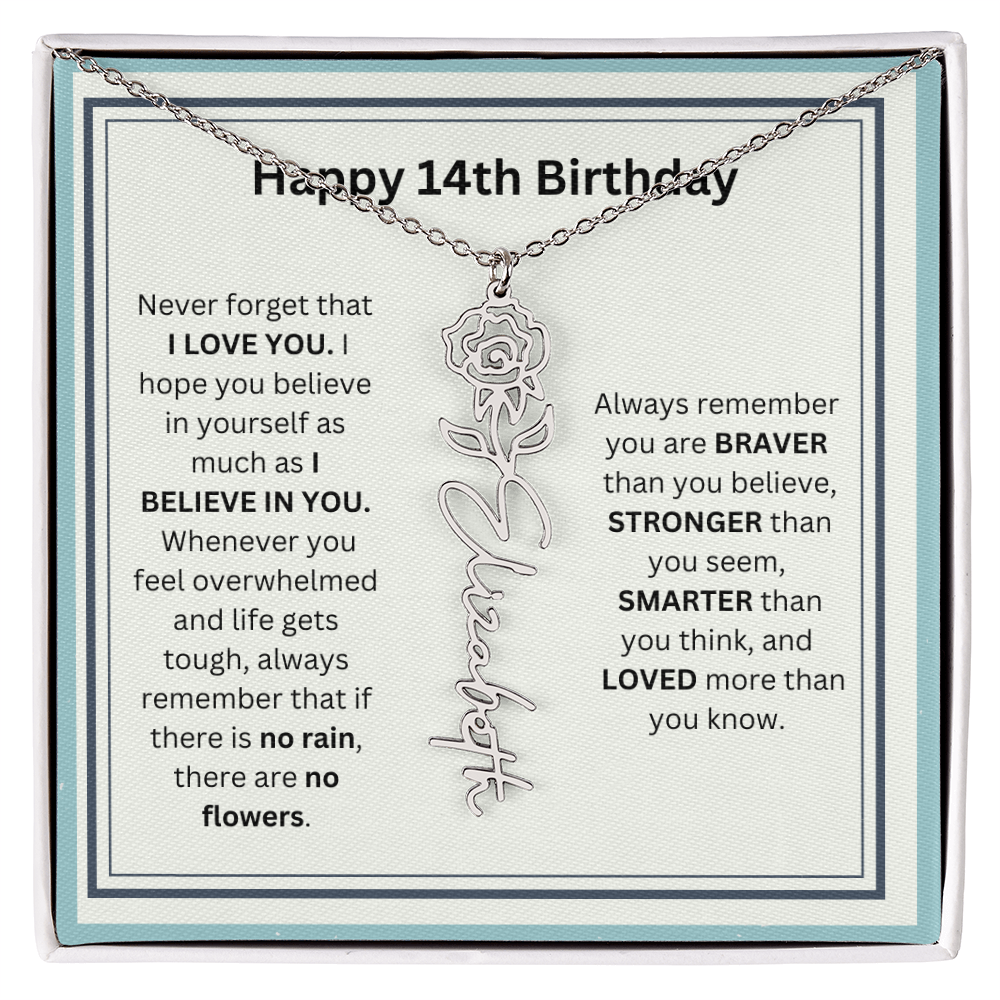 Personalized 14th Birthday Flower Name Necklace Gift