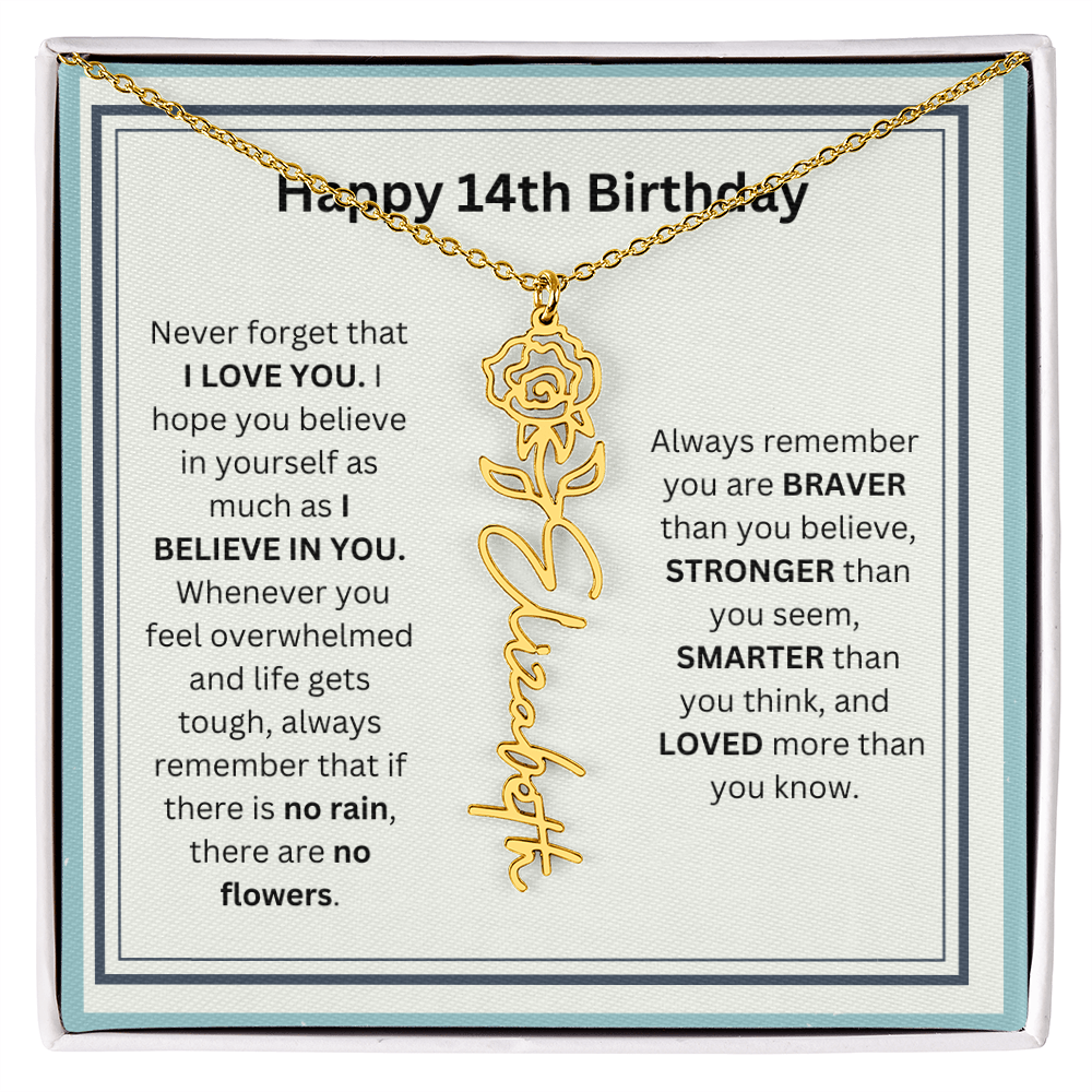 Personalized 14th Birthday Flower Name Necklace Gift