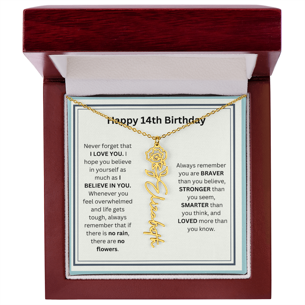 Personalized 14th Birthday Flower Name Necklace Gift