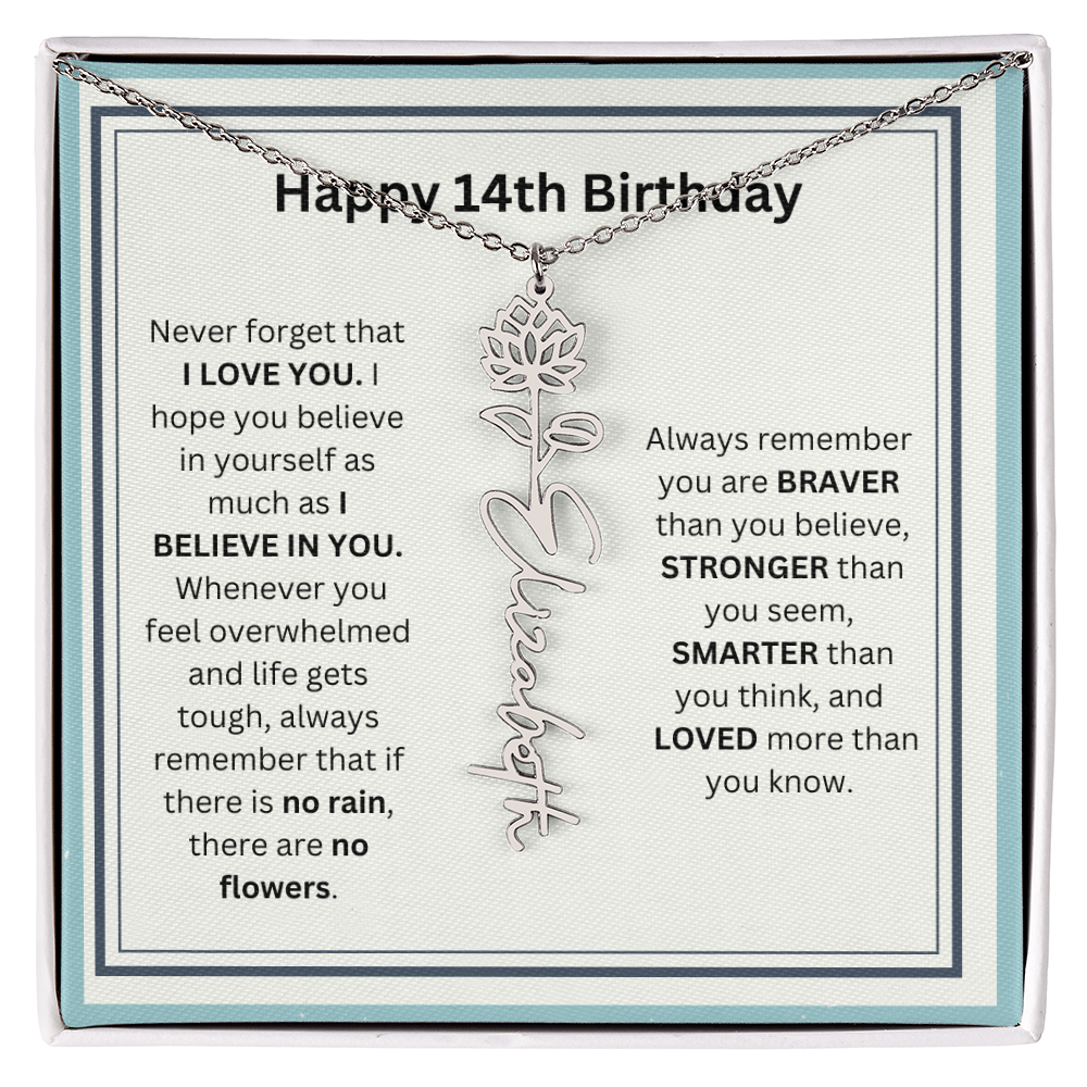 Personalized 14th Birthday Flower Name Necklace Gift
