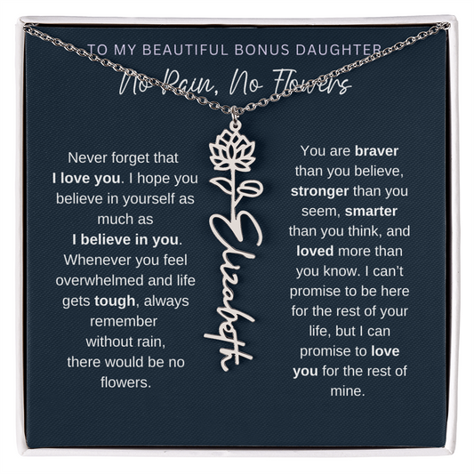 To My Beautiful Bonus Daughter | No Rain, No Flowers | Birth Flower Name Necklace