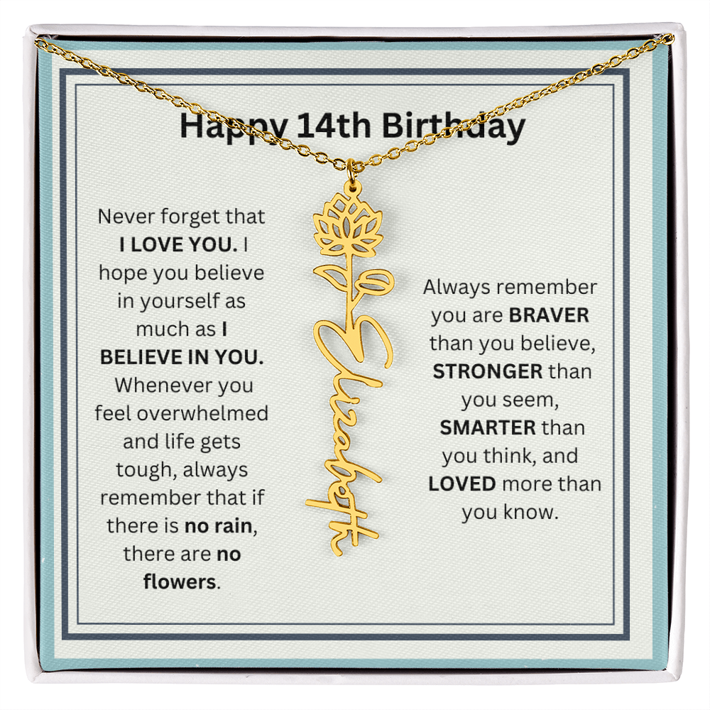 Personalized 14th Birthday Flower Name Necklace Gift