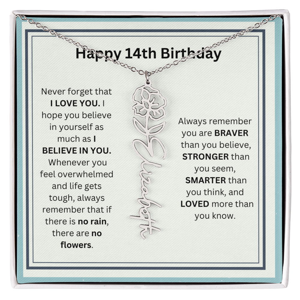Personalized 14th Birthday Flower Name Necklace Gift