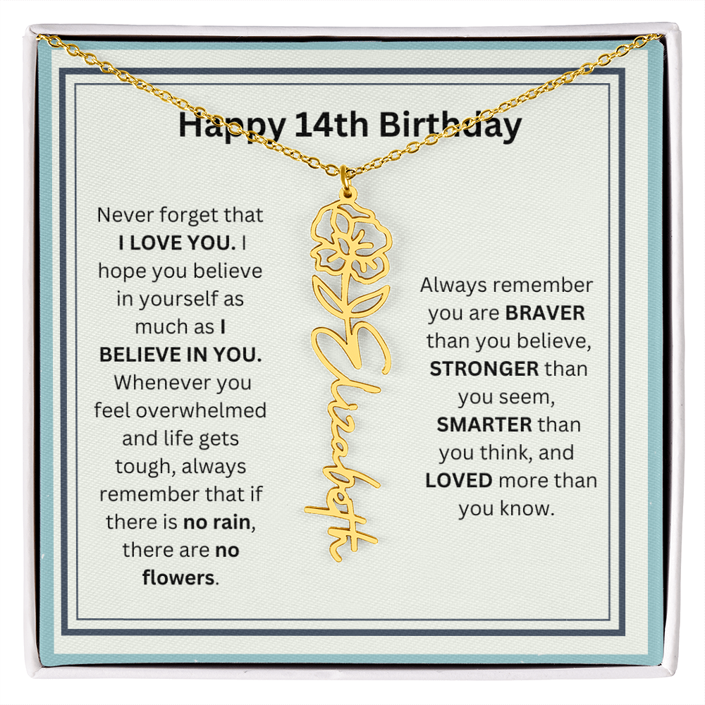 Personalized 14th Birthday Flower Name Necklace Gift
