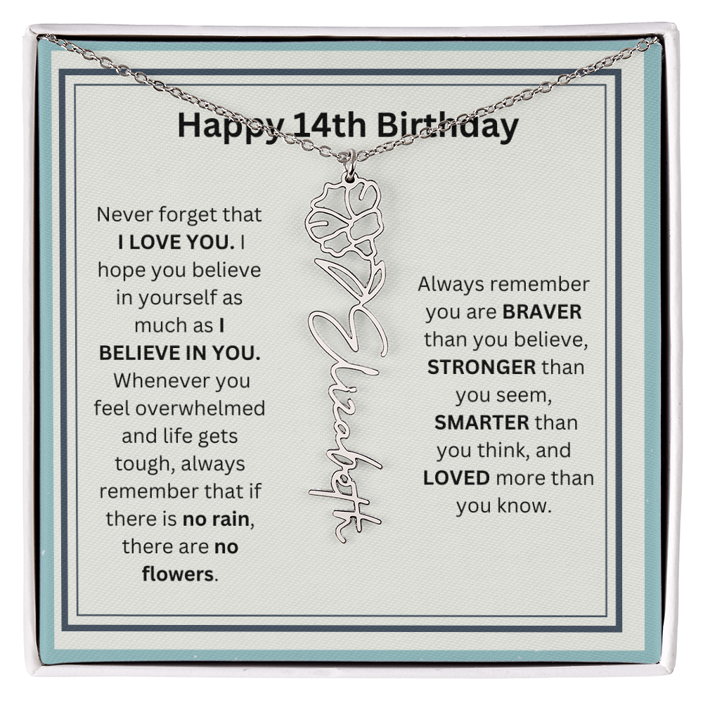 Personalized 14th Birthday Flower Name Necklace Gift