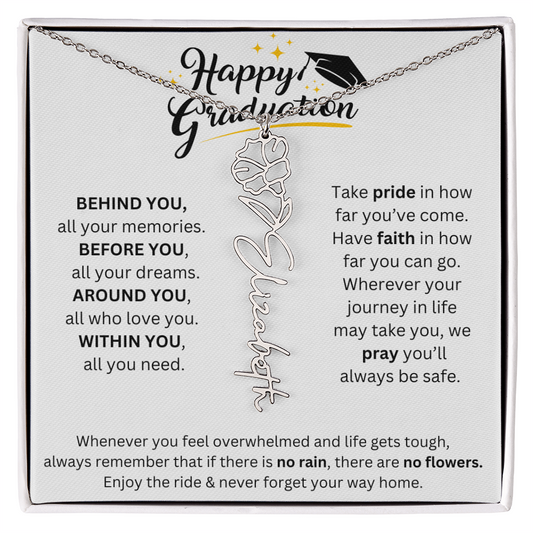 Happy Graduation | No Rain, No Flowers | Birth Flower Name Necklace