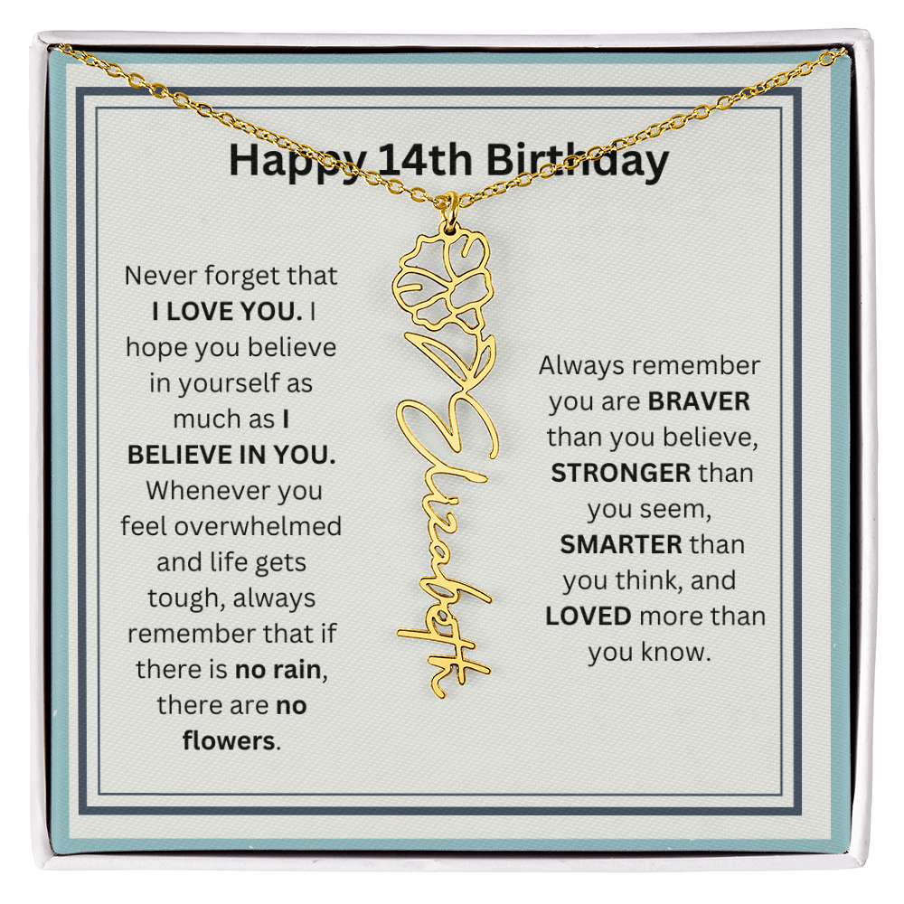 Personalized 14th Birthday Flower Name Necklace Gift
