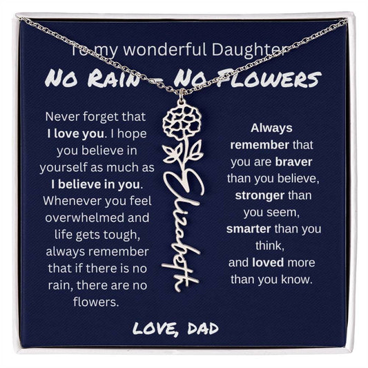 No Rain, No Flowers - I Love You | Birth Flower Name Necklace