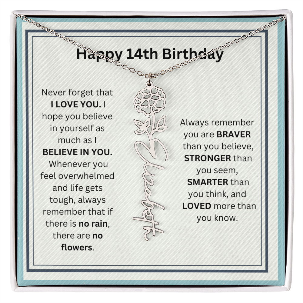Personalized 14th Birthday Flower Name Necklace Gift
