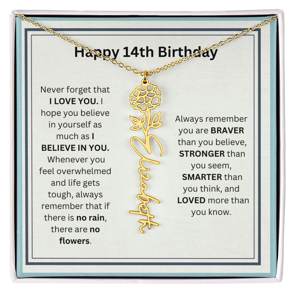 Personalized 14th Birthday Flower Name Necklace Gift