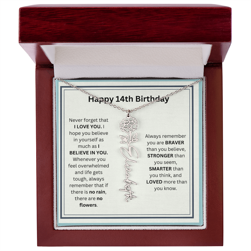 Personalized 14th Birthday Flower Name Necklace Gift