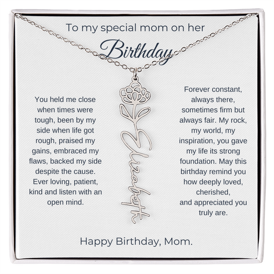 Happy Birthday Mom | My Rock, My World, My Inspiration | Birth Flower Name Necklace