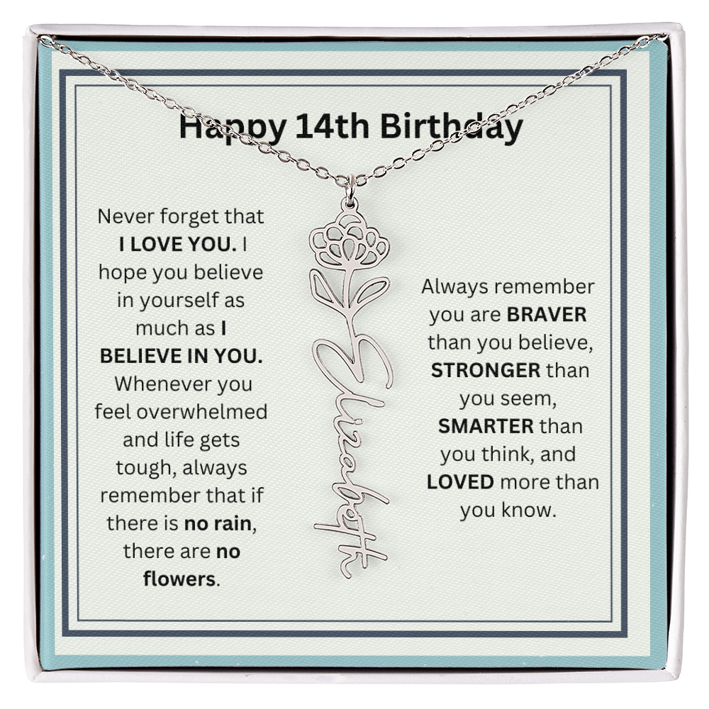 Personalized 14th Birthday Flower Name Necklace Gift