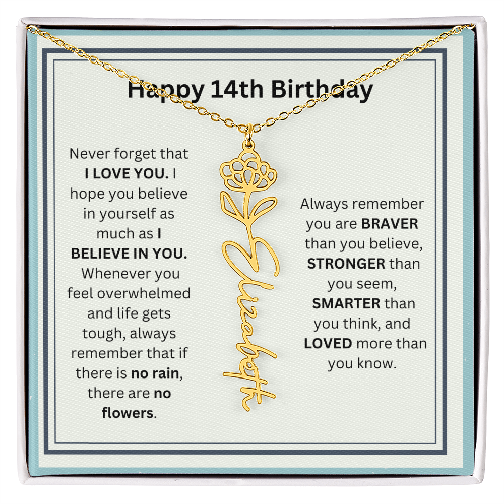Personalized 14th Birthday Flower Name Necklace Gift