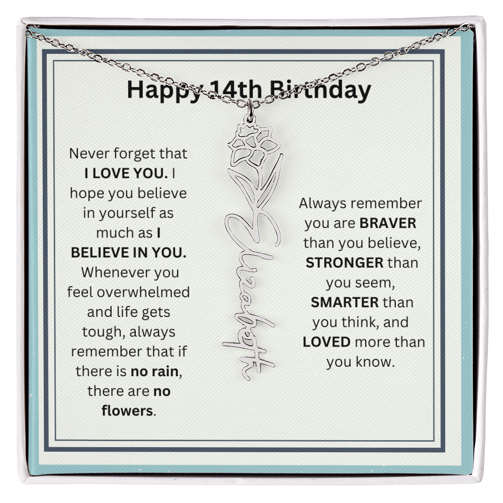 Personalized 14th Birthday Flower Name Necklace Gift