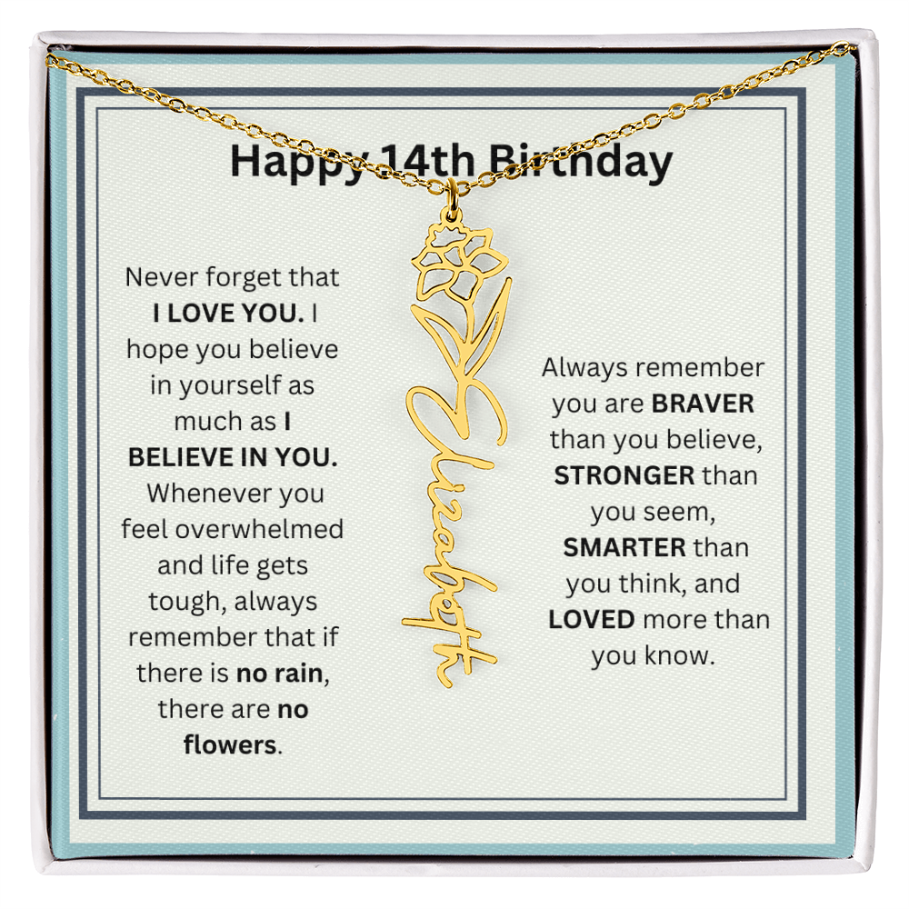Personalized 14th Birthday Flower Name Necklace Gift