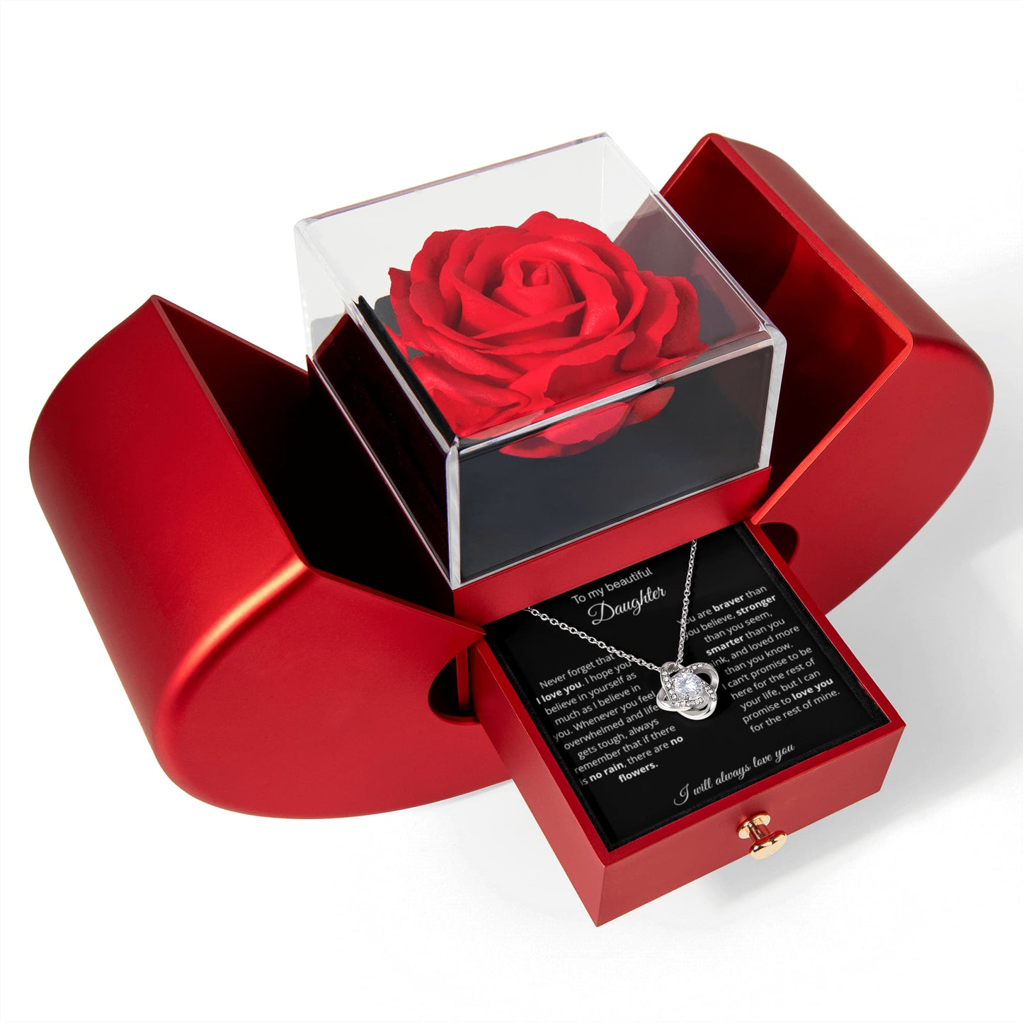 [HOLIDAY BESTSELLER] To My Beautiful Daughter - No Rain No Flowers -Love Knot Necklace with Red Heart Rose Box