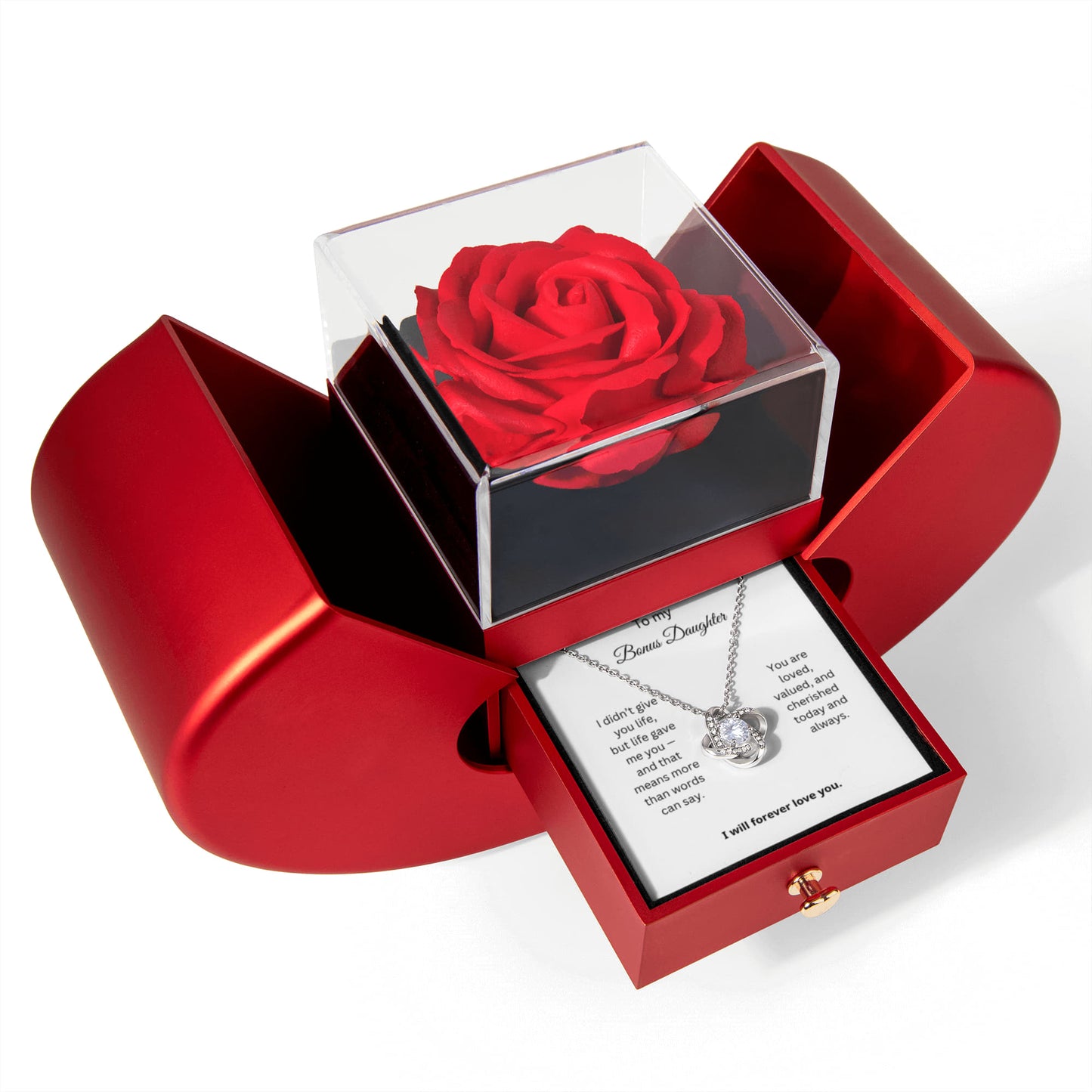 To My Bonus Daughter - You Are Loved -- Love Knot Necklace with Red Heart Rose Box