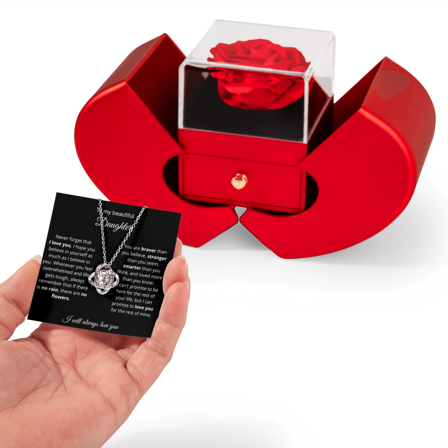 [HOLIDAY BESTSELLER] To My Beautiful Daughter - No Rain No Flowers -Love Knot Necklace with Red Heart Rose Box