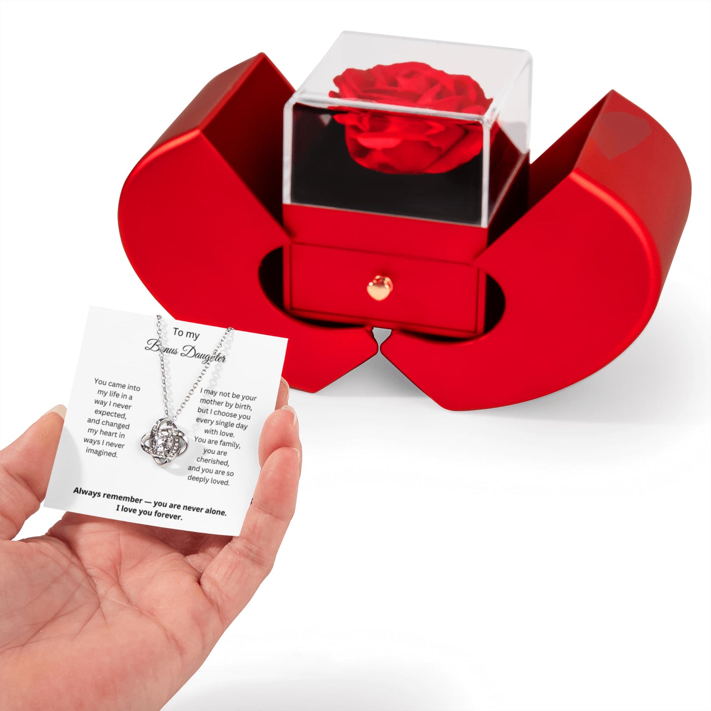 To My Bonus Daughter - You Are Never Alone - Love Knot Necklace with Red Heart Rose Box