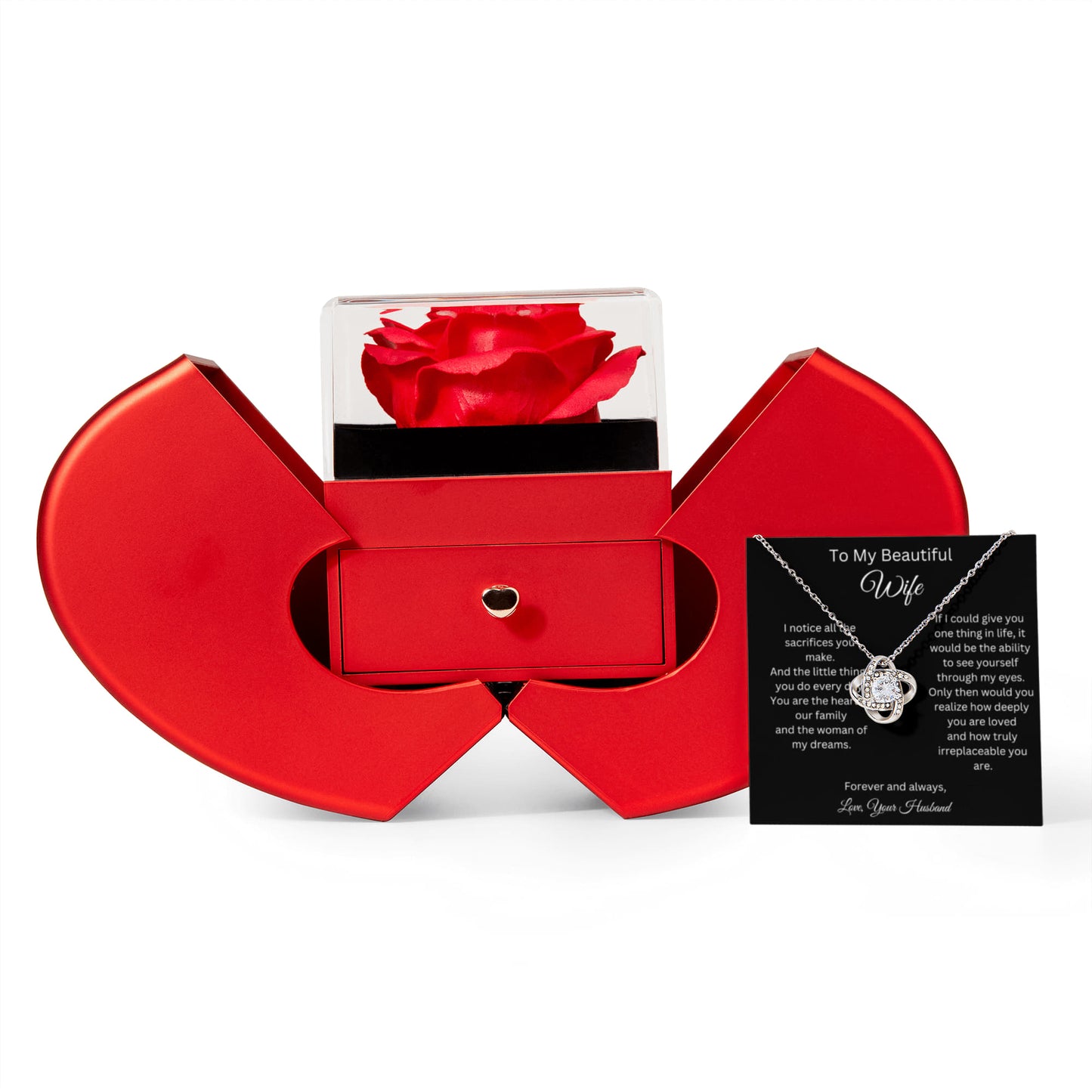 To My Beautiful Wife - Heart Of Our Family - Love Knot Necklace with Red Heart Rose Box