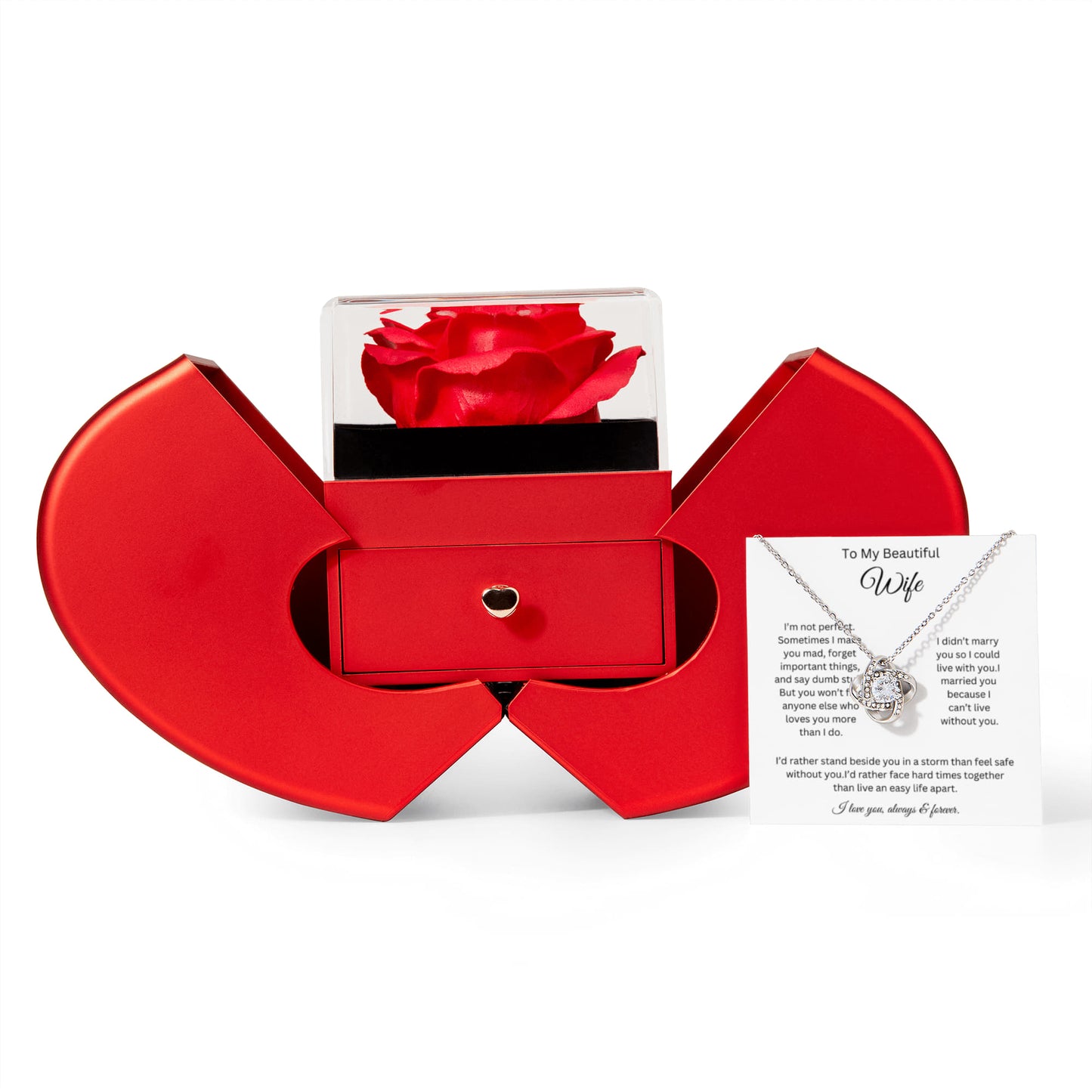 To My Beautiful Wife - I Can't Live Without You - Love Knot Necklace with Red Heart Rose Box