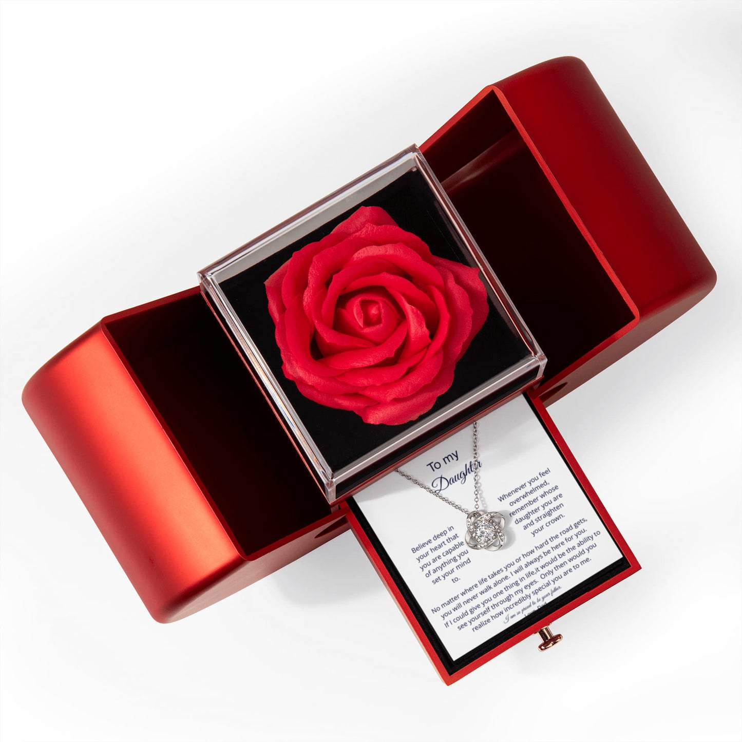 To My Daughter - Straighten Your Crown - Love Knot Necklace with Red Heart Rose Box